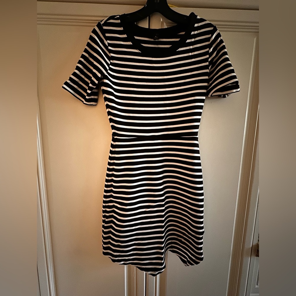 Aqua Black and White Striped Short Sleeve Dress
